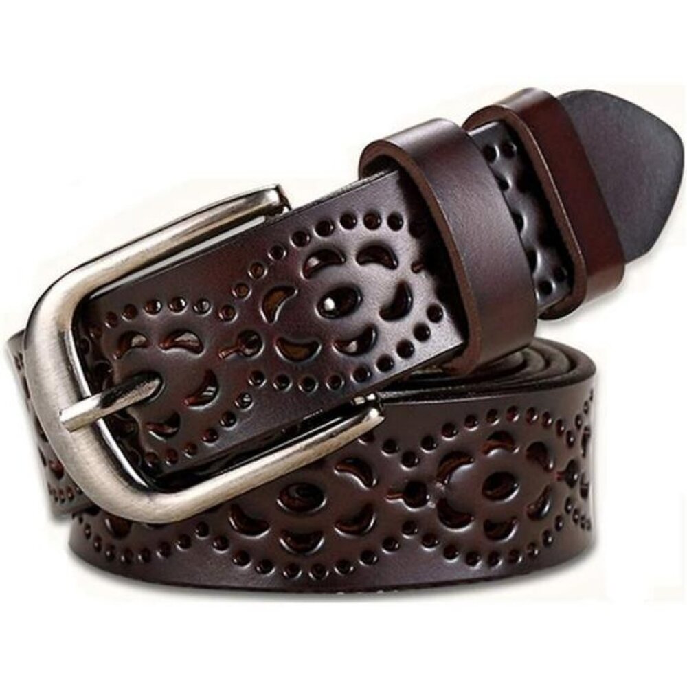 Women's Belt Hollow Flower Genuine Leather Belt for Jeans Pants with Alloy